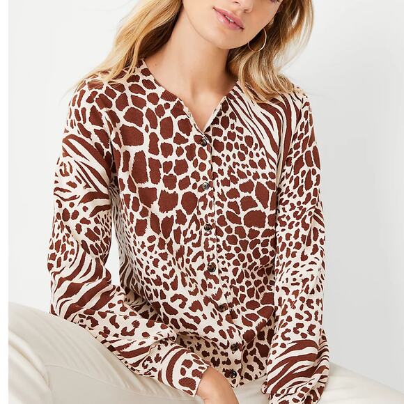 Ann Taylor Size L Cotton Animal Print Ann Cardigan Warm Rosewood - Picture 2 of 10